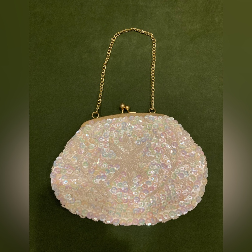 Iridescent Beaded & Sequin Evening Bag Snowflake Starfish Pastels Teardrop 60s